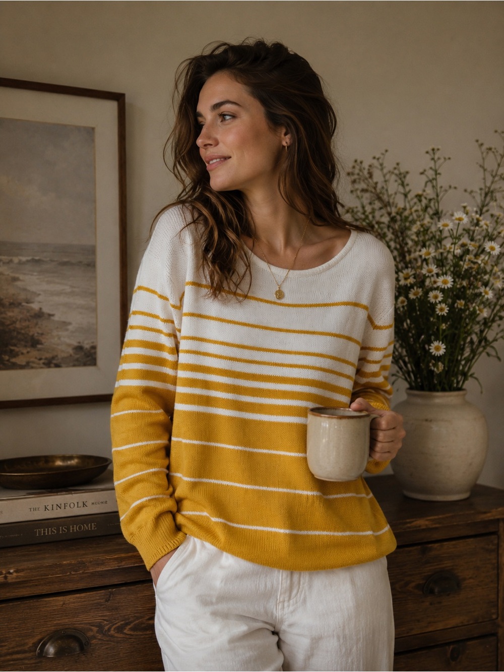 Sun Yellow White Stripe 100% Cotton Knit Sweater Women Large Fisherman Cozy Soft